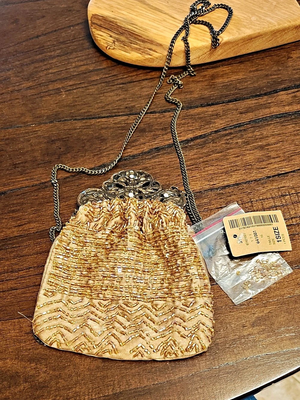 RIV&CO Beaded Drawstring Mini Bag in Gold & Cream NWT